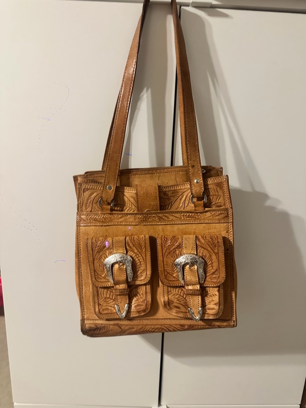 Tooled Leather Shoulder Bag with Buckle Pockets in Tan